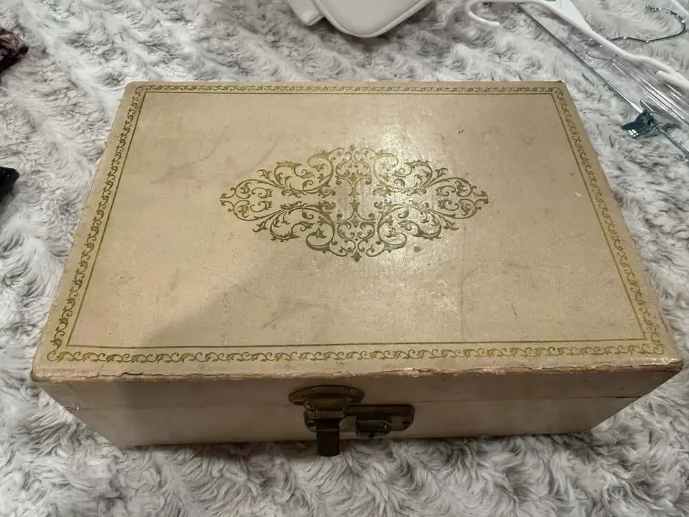 Vintage Mid-Century Jewelry Box with Red Velvet Interior and Mirror